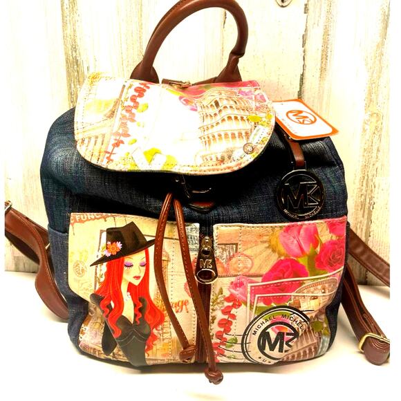 Michael Michelle Hand Painted Denim Backpack Floral NWT Paris Print Handbag - Picture 2 of 13